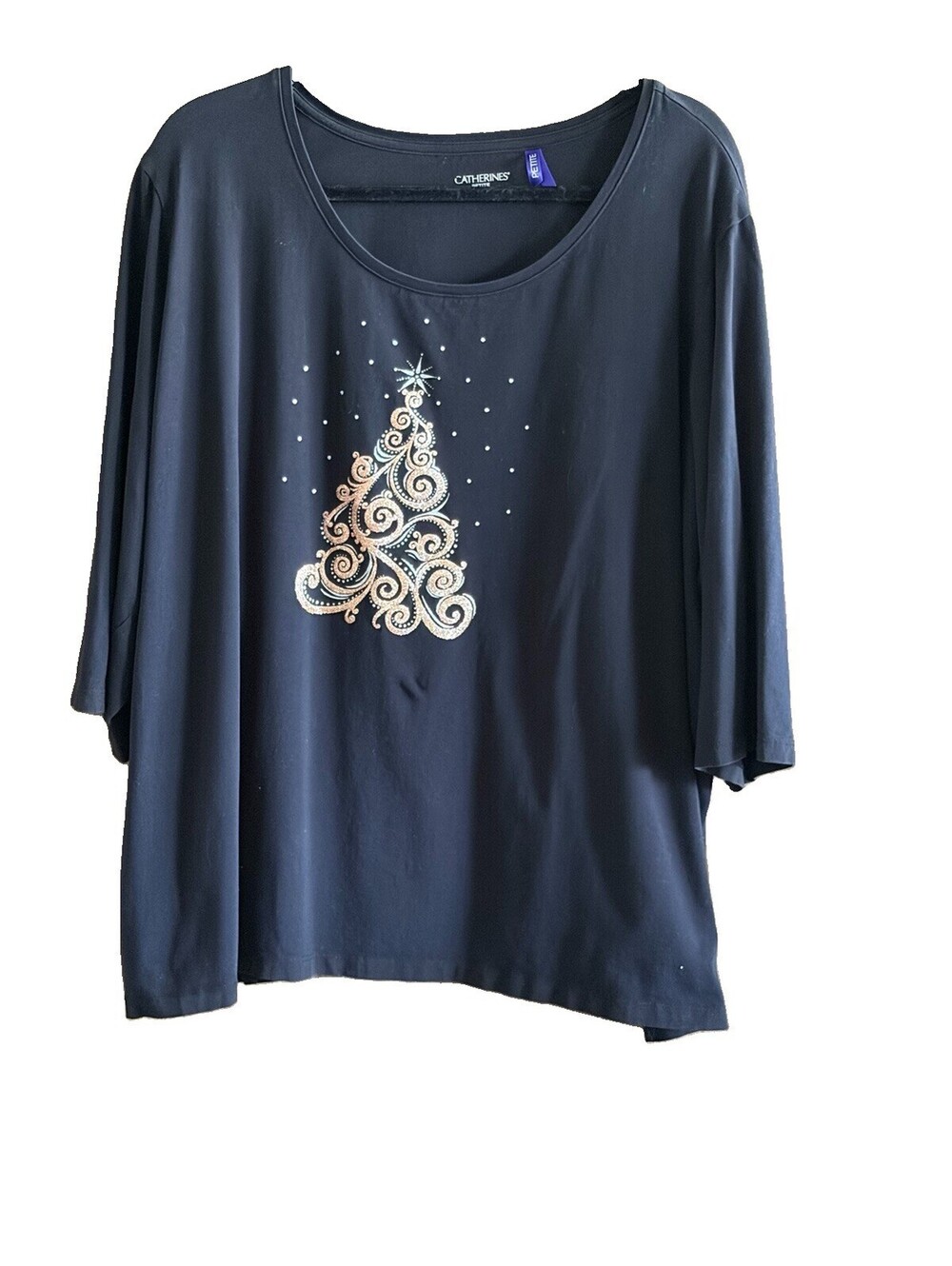 Catherine’s 3XWP Christmas Top Black Glitter Xmas Tree 3/4 Sleeve Cotton/Spandex